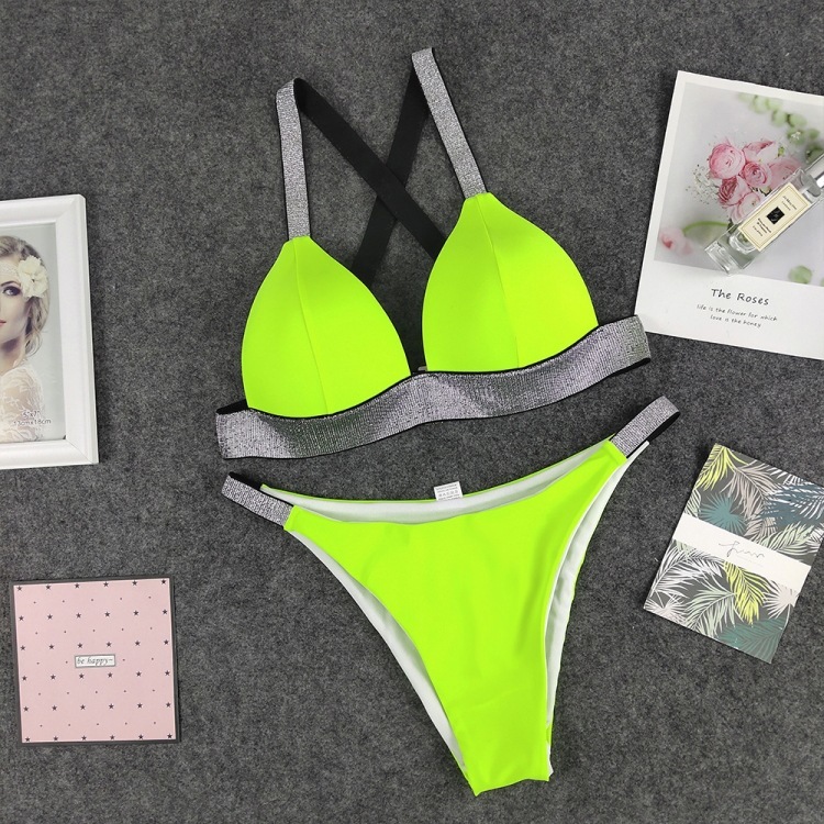 Neon Green Black Thong Bikini Swimsuit Women Swimwear Push Up Halter Set Strap Bather Bathing Suit Beach Wear Female 210520
