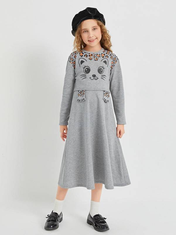 Girls Cartoon Graphic 3D Patched Dress SHE