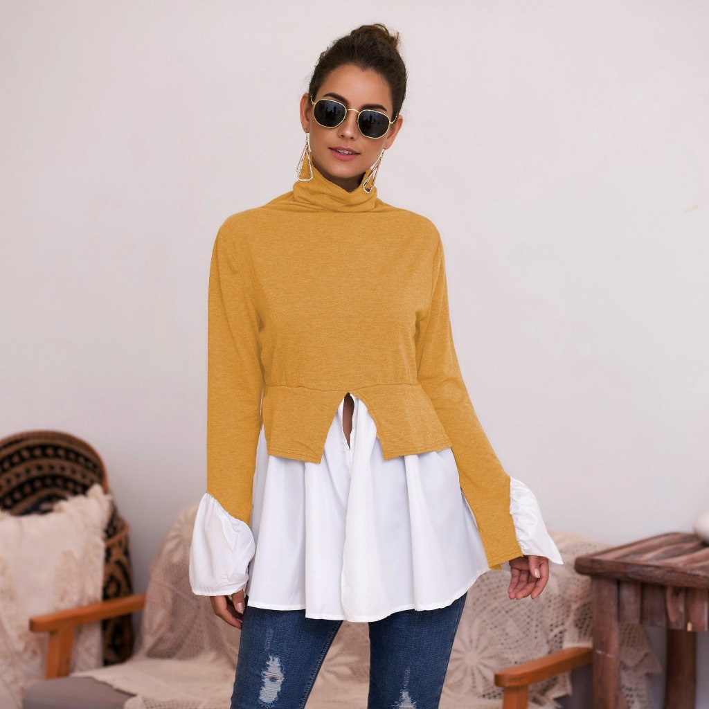 Women T Shirt urtleneck Long Sleeve Female ee Ruffle Stitching shirts Fashion Ladies -shirt Loose s ops 210524