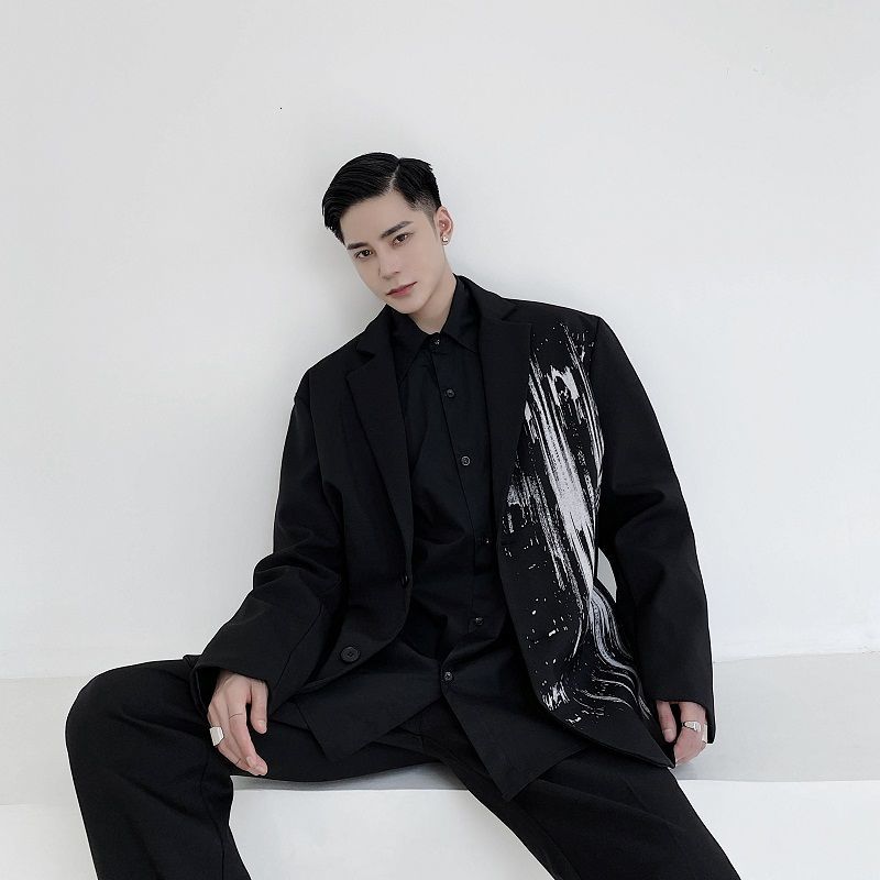 IEFB /men's Wear Spring Autumn Graffiti Printing Black Big Size Blazers Fashionable All-match Loose Suit Coat 9Y4049 210524