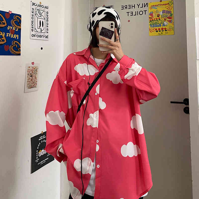 Neploe Summer Men Women Long Sleeve Shirt Japanese Harajuku Cloud Print Oversized Tops Streetwear Woman Blouses Clothes 210422