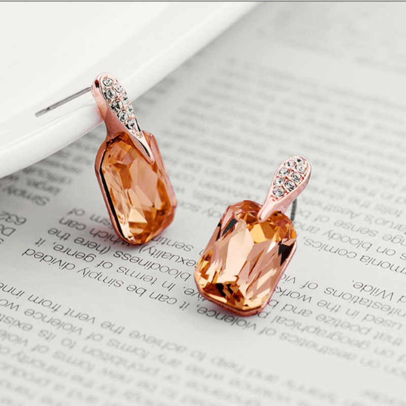 MOONROCY Rose Gold Color Crystal Earring Champagne Square Brown Jewelry for Women Gift Drop Wholesale 211009