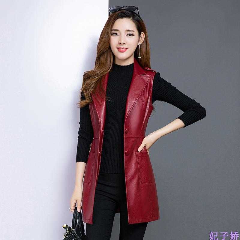 Plus Size 3XL PU Leather Red Women's Vest Long sleeveless sherpa Coat Female Spring Waistcoat for Feminine jacket 210819