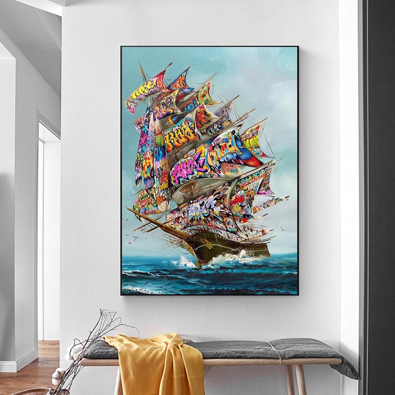 Abstract Graffiti Boat Vintage Poster Canvas Painting Posters and Prints Wall Art Pictures for Living Room Home Decor Cuadros