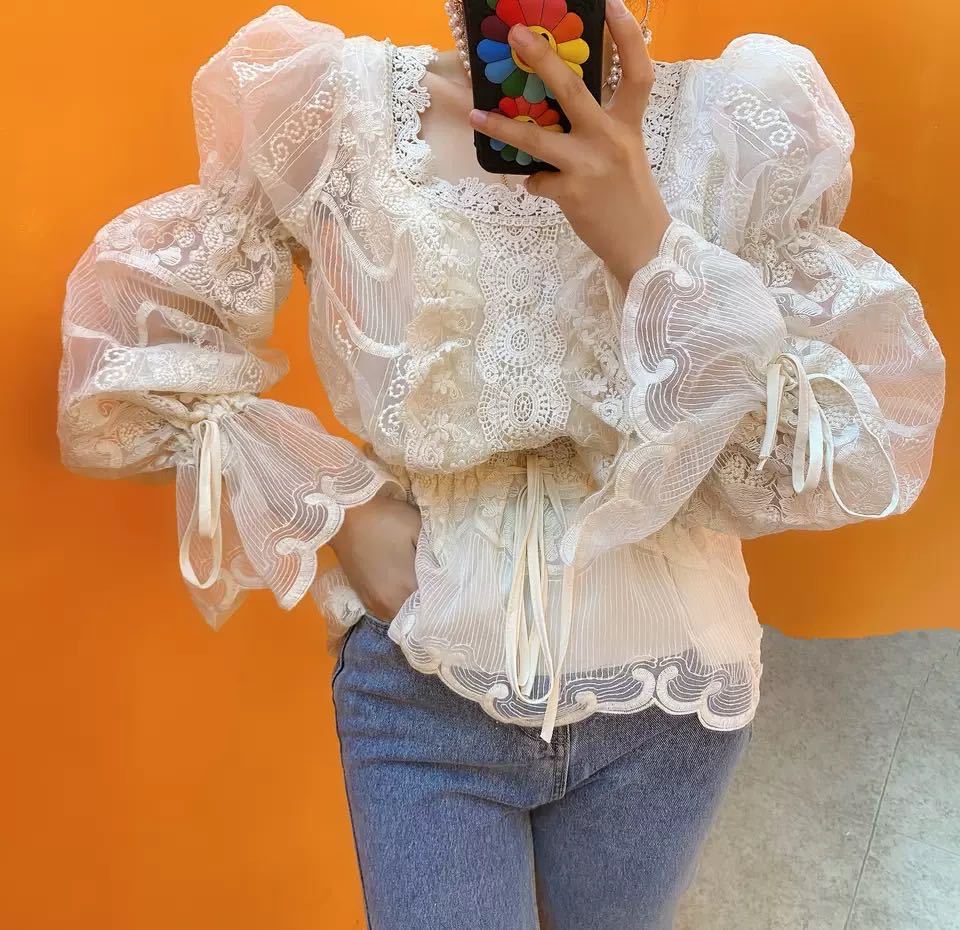Korean Lace Patch Blouse Slim Waist Bandage Flare Long Sleeve Shirt Autumn Chic Elegant Square Collar Blusas Mujer 210519