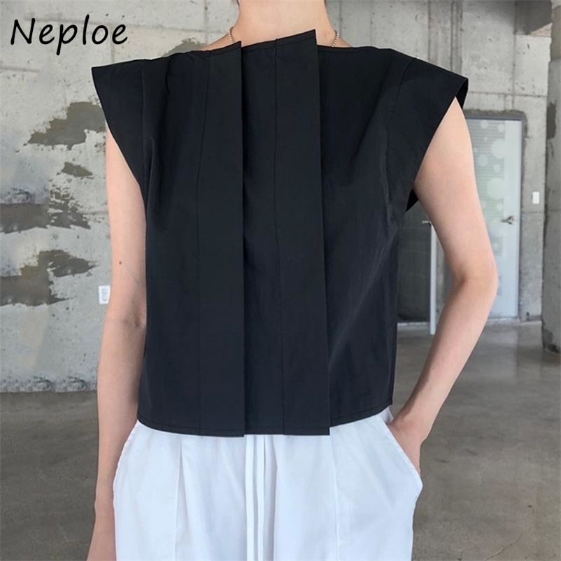 Work Style Ol Simple Pleat Blouse Women O Neck Short Sleeve Black Blusas Summer All Match Ladies Top 210422