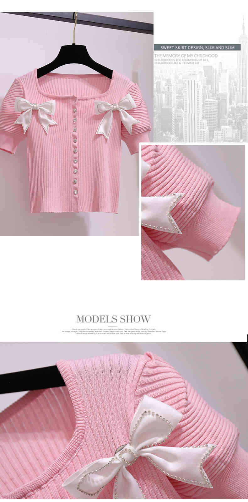 Sweet Pink Two Piece Set Elegant Bow Square Collar Knitted Short Sleeve Top + White Chiffon Mini Skirts Suits Summer Outfits 210519