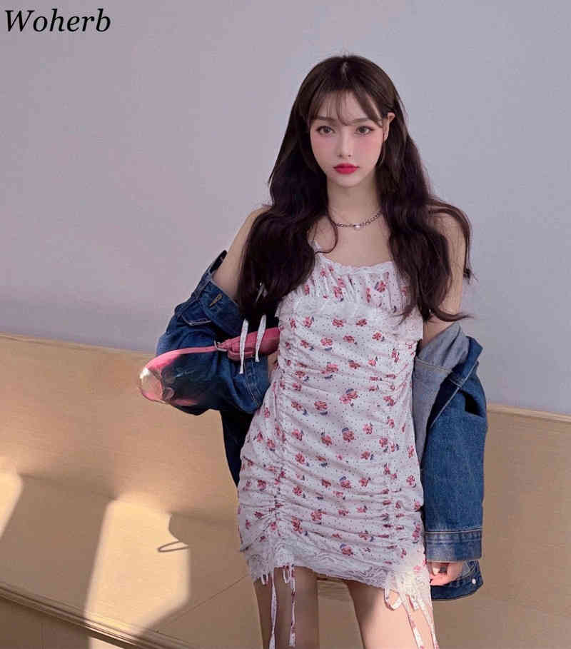 Lace Floral Sling Dress Women Summer Sexy Sweet Drawstring Mini Dresses High Waist Backless Bodycon Vestidos 210519