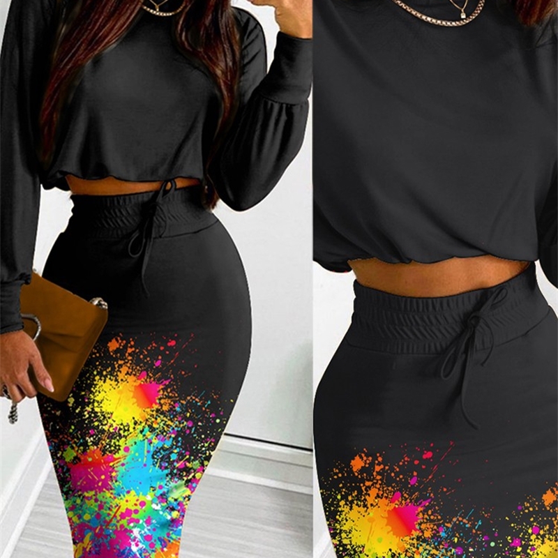 Romwe Fall Houndstooth Print Long Sleeve Crop Top Drawstring Skirt Suits Bodycon Casual Female Y2K Chic Sets 220302