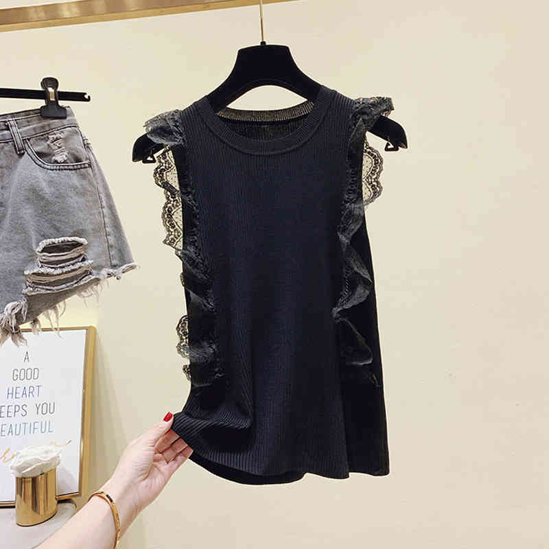 Fashion Ruffles Sleeveless Ice Silk Tank Top Summer Lace Stitching Pullover Round Neck Thin Bottoming Vest for Women 14207 210506