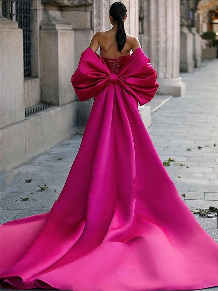 Modern Fuchsia Long Mermaid Evening Dresses With Back Big Bow Train Side Slit Sweetheart Night Prom Dress Formal Party Gowns Runway Pageant Wear Vesti