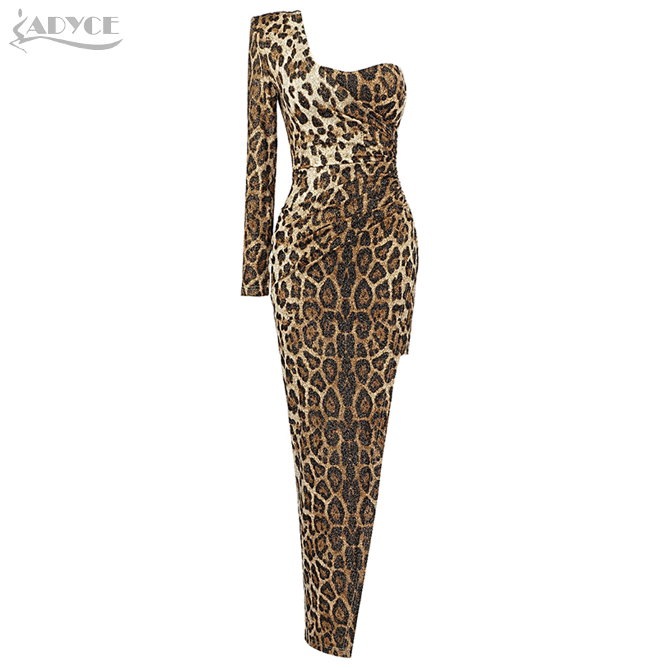 Winter Fashion One Shoulder Leopard Long Sleeve Dress Sexy Women Night Club Celebrity Evening Runway Party 210423