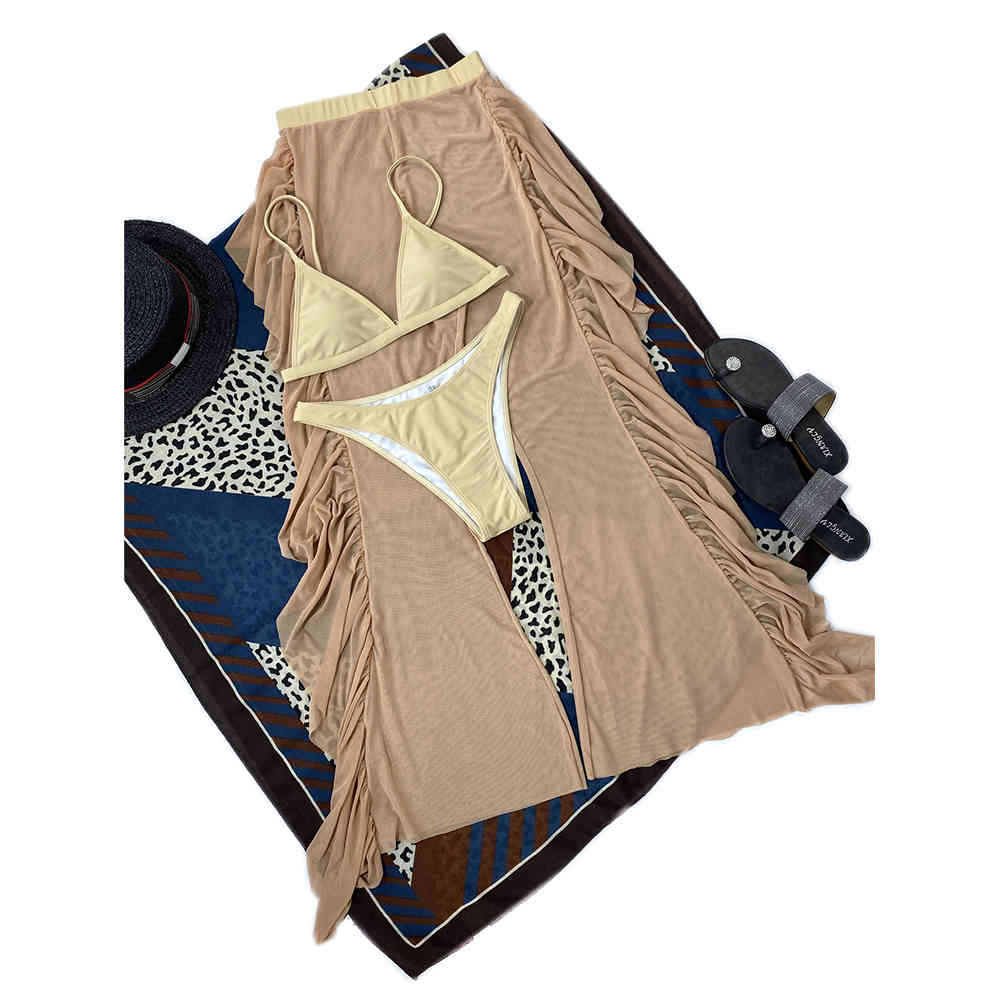 Three Pieces Bikini Set With Beach Cover Up Pants Swimwear Women Sexy Swimsuit Female Bather Bathing Suits Swim Lady 210521