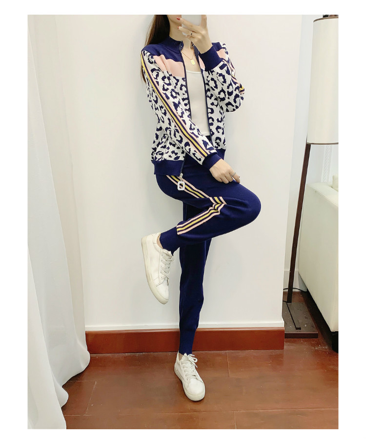 Women Leopard Print Zipper Long-sleeved Cardigans + casual Pants 2pcs Knitting Tracksuits Stretchy Sporty Jumper Trousers Suit 210518