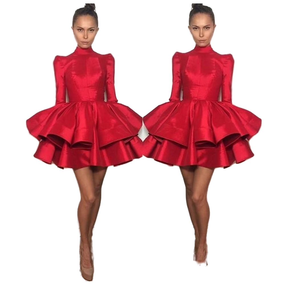 Red Short Homecoming Dresses High Neck Tiered Satin Above Knee Length A Line Puffy Cocktail Party Dress Teen Girls Long Sleeves Special Occasion Gowns
