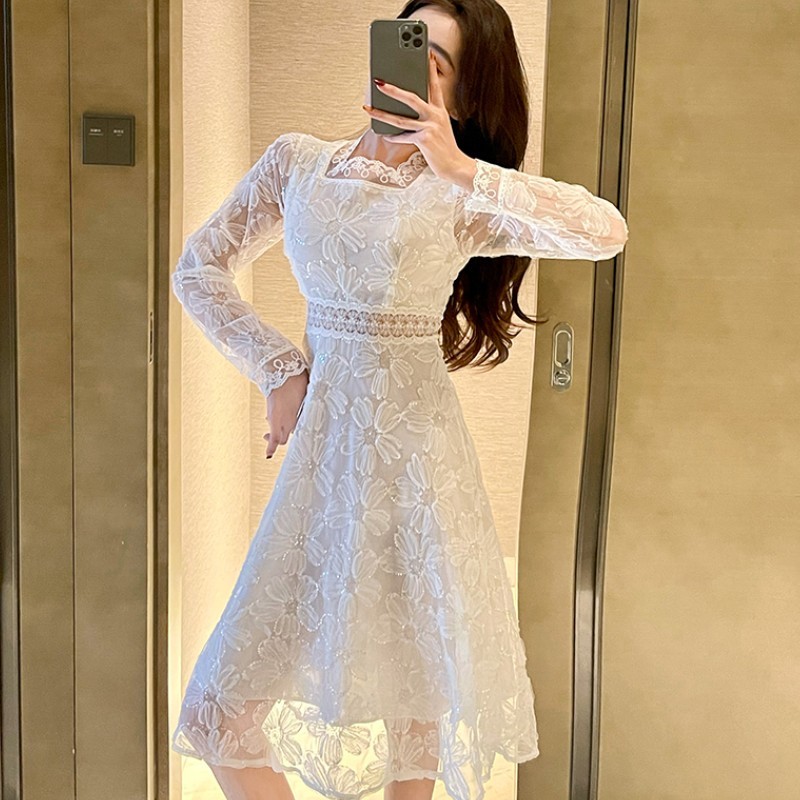 Spring Fashion Flower Lace Embroidery Midi Dress Sweet Women Long Sleeve White Casual Slim Party Dresses Robe Vestidos 210519