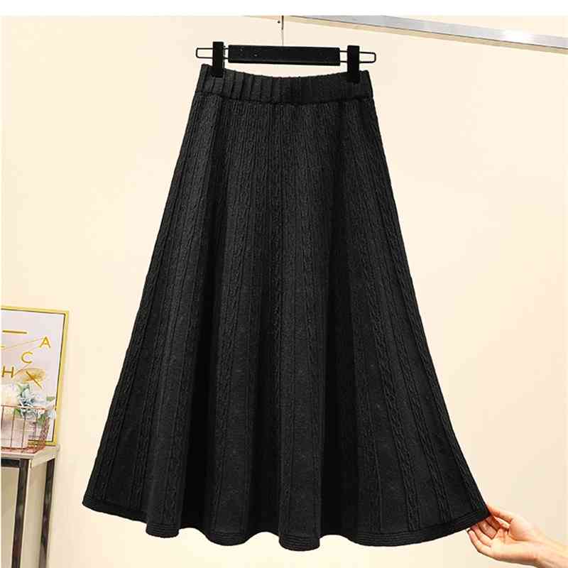 Vintage Winter Women thick sweater skirt Elastic High Waist Pleated Midi knitted Skirt female solid Plus size elegant Skirts 210520