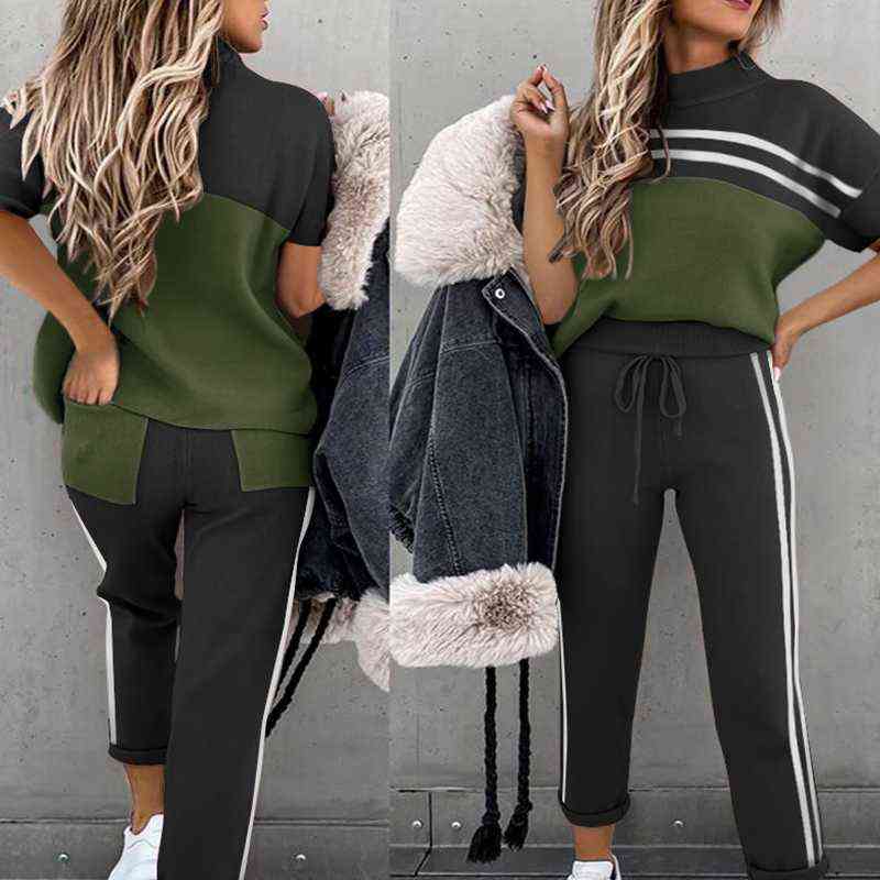 Ladies Casual O-neck Loose Sports Pocket Color Matching Summer Fashion Stitching Trousers Y2K With Suit Women 211115