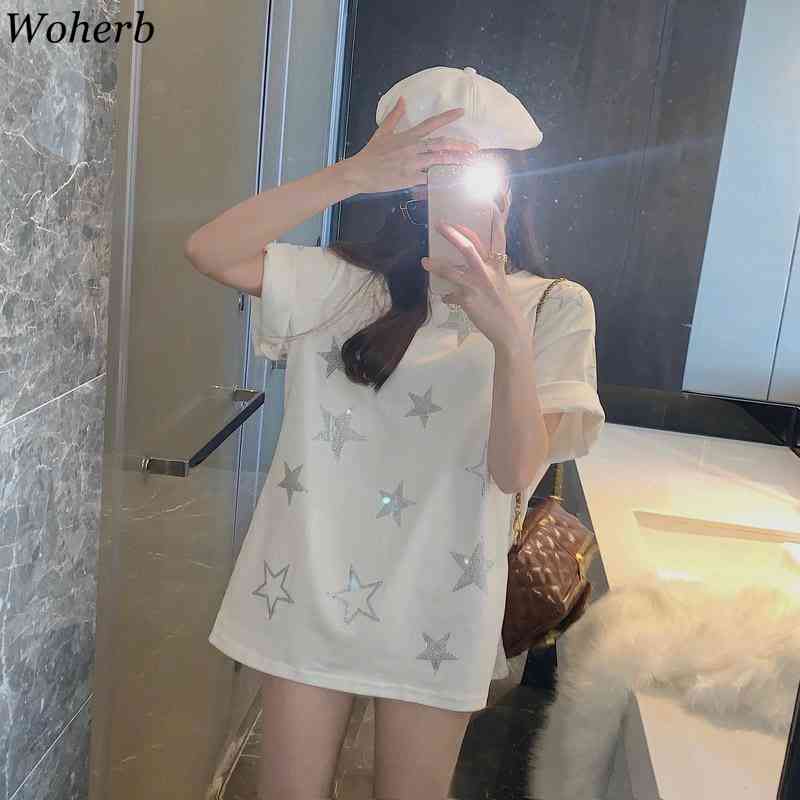 Woheb Casual Loose Long T-shirt Women Star Sequined Patch Summer Black White Short Sleeve T Shirts Harajuku Korean Tops 210422
