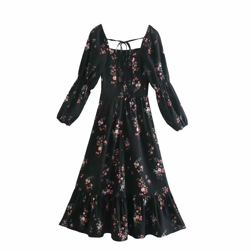 Vintage French Style Long sleeve Floral Print Women Dress Black Square Collar Hem Splice Ruffles Midi Dresses Beach Holiday 210429