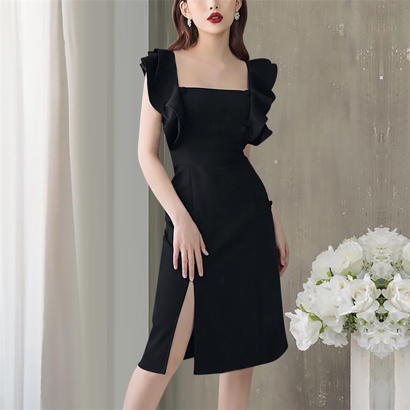 French Women Elegant Ruffles Sleeveless Vintage Square Collar Black Slim Dress Bodycon Sexy Split Party Vestidos 210519