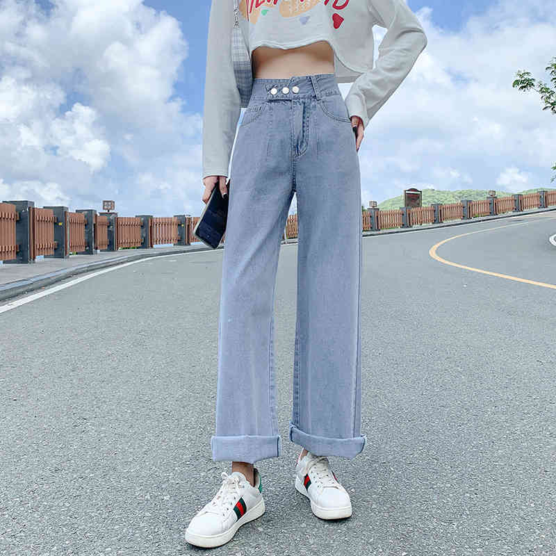 Autumn Chic Clothes Allmatch with Pocket Fashion High Waist Jeans Casual Woman Loose Wide Leg Denim Trousers 10737 210518