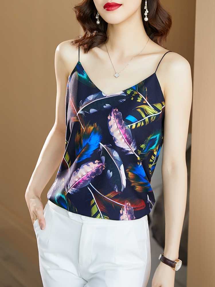 Summer Korean Fashion Chiffon Tank Top Women Satin Office Lady Feather Pattern Plus Size XXXL/5XL for 210531