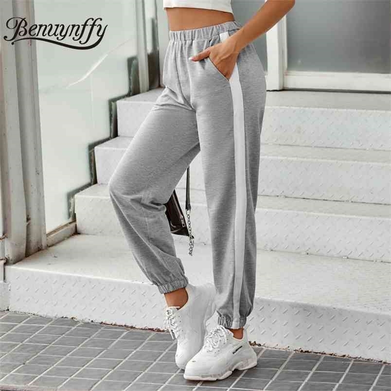 Grey Side Stripe High Waist Sweatpants Women Autumn Casual Elastic Pocket Ladies Sporting Pants Spring Joggers 210510