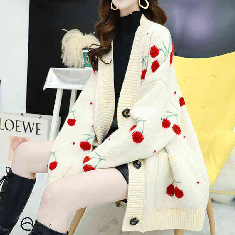 AZYT Fruit Cherry Embroidery Knitted Cardigan Autumn Winter V Neck Oversize Woman Sweater Cardigan Jacket Warm Knitwear 211117