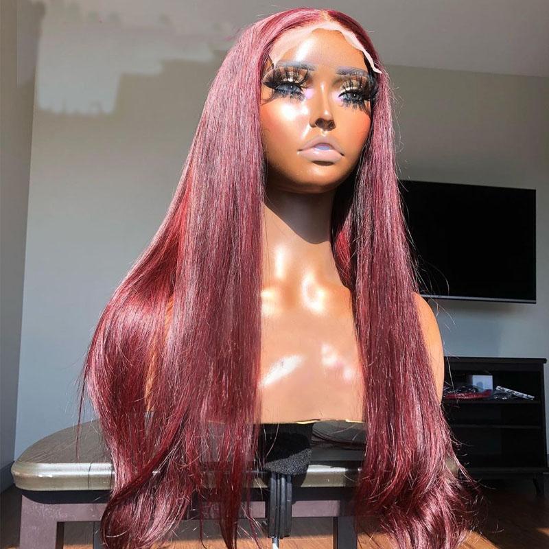 Synthetic Wigs 26Inch Long Burgundy Straight Lace Front Wig For Black Women With Baby Hair Heat Resistant Fiber 180%Density