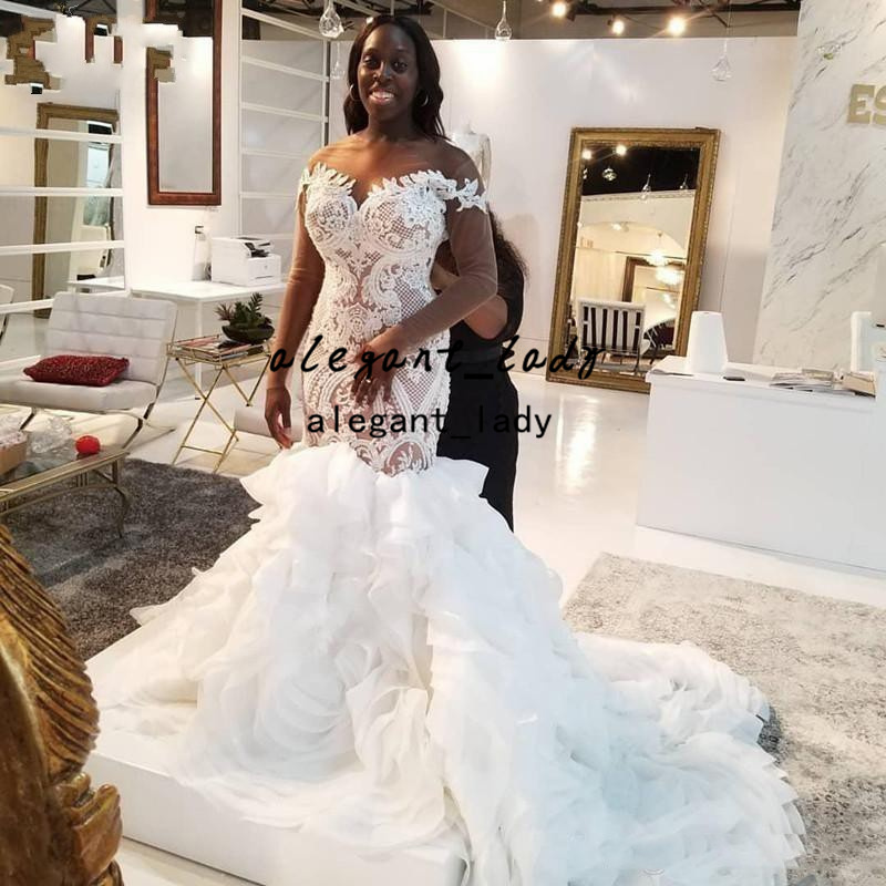 Plus Size African Mermaid Wedding Dresses 2022 vestido de noiva Royal Long Train Appliques ruffles long sleeve bridal gowns