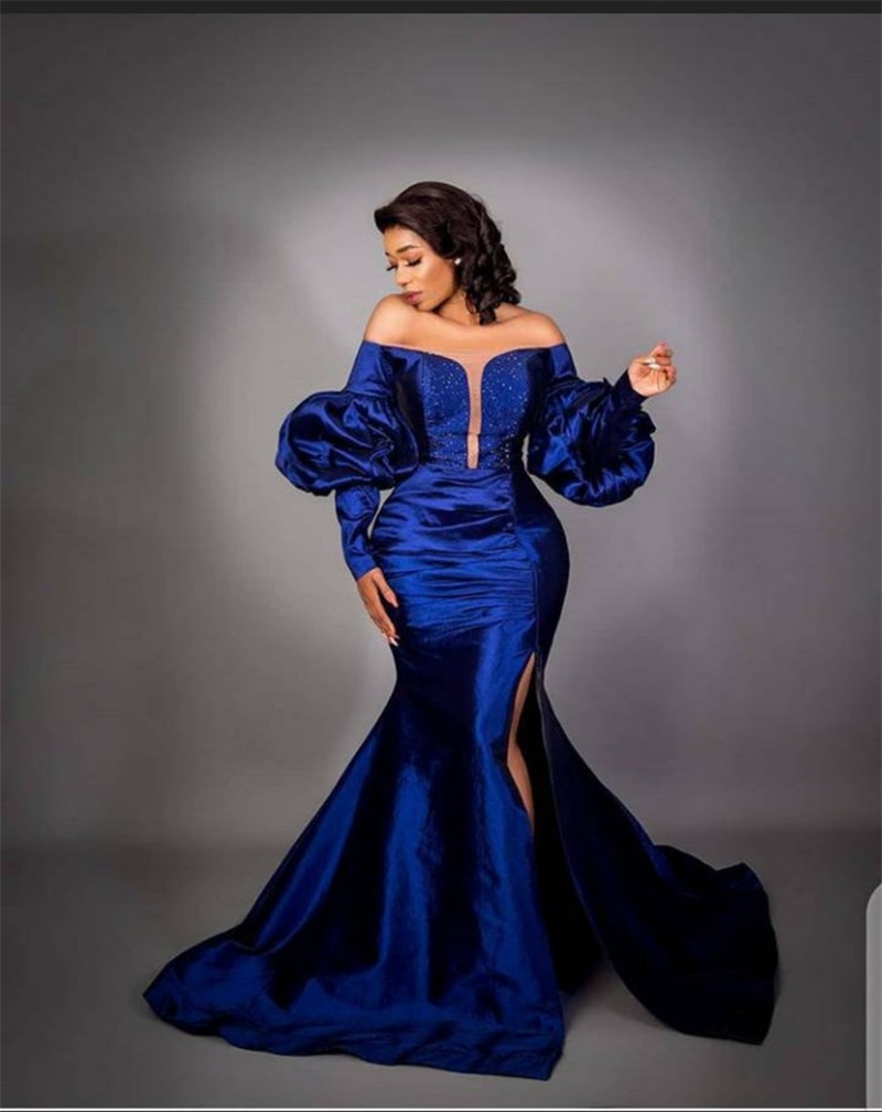 Elegant Blue Mermaid Dresses Sequins Split Off Shoulder Long Sleeves Evening Dress Custom Made Floor Length Party Gown
