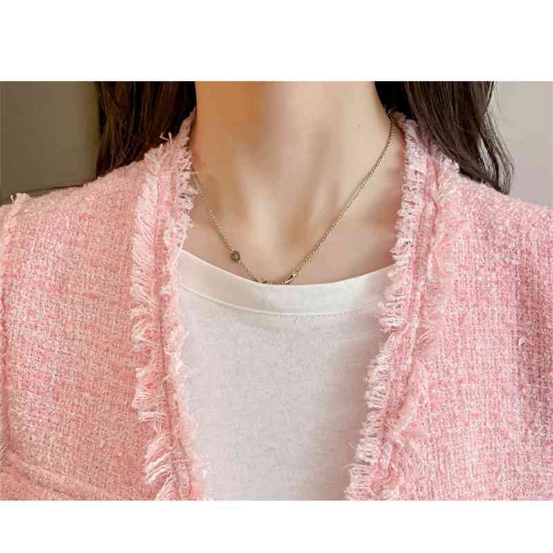 Spring Pink Tweed Vest Women's Fashion Cardigan Retro Solid Sleeveless Single Breasted Casual Tassel Coat 210519