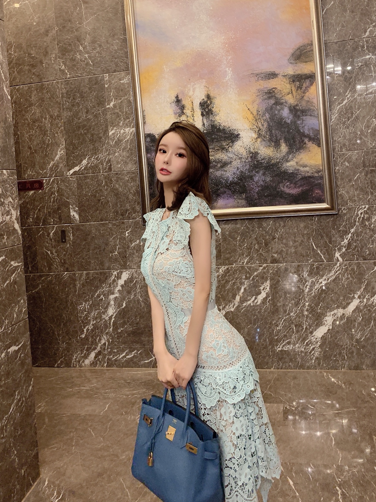 Summer fashion design womens sleeveless petal sleeve o-neck mingt green color hollow out lace slim waist asymmetric runway dress SML