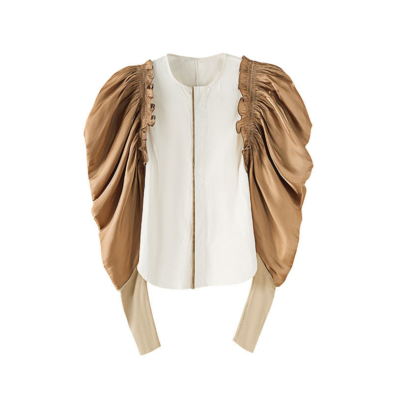 Nomikuma Women Blouse Puff Sleeve Hit Color Patchwork Shirt Korean O-neck Slim Tops Spring New Blusas Mujer De Moda 6F423 210427