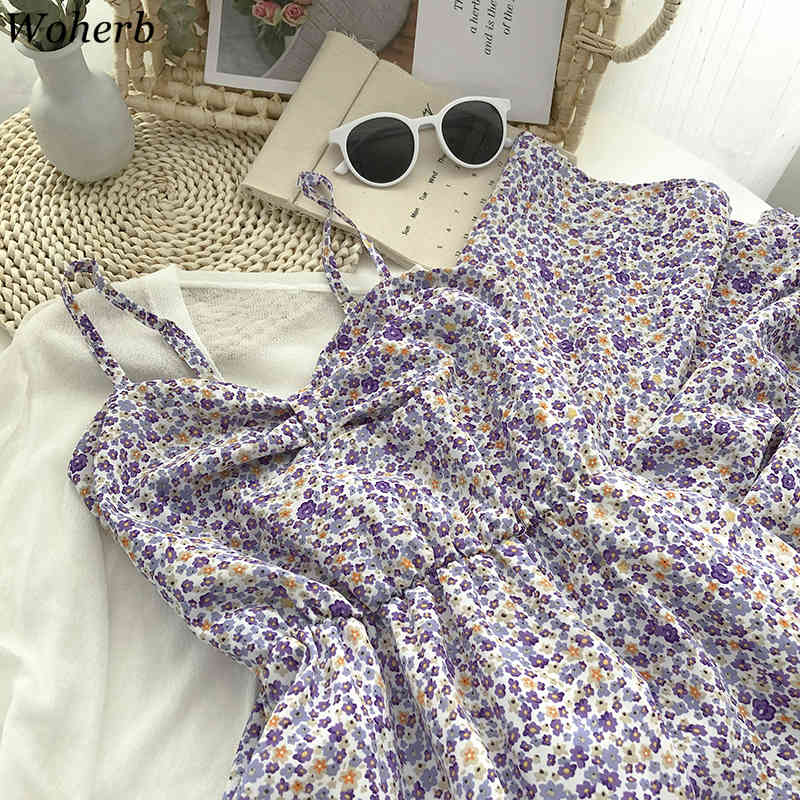 Floral V-neck Sling Dress Women Summer Slim Pleated Sleeveless Chiffon A-line Dresses Fashion Temperament Vestidos 210519