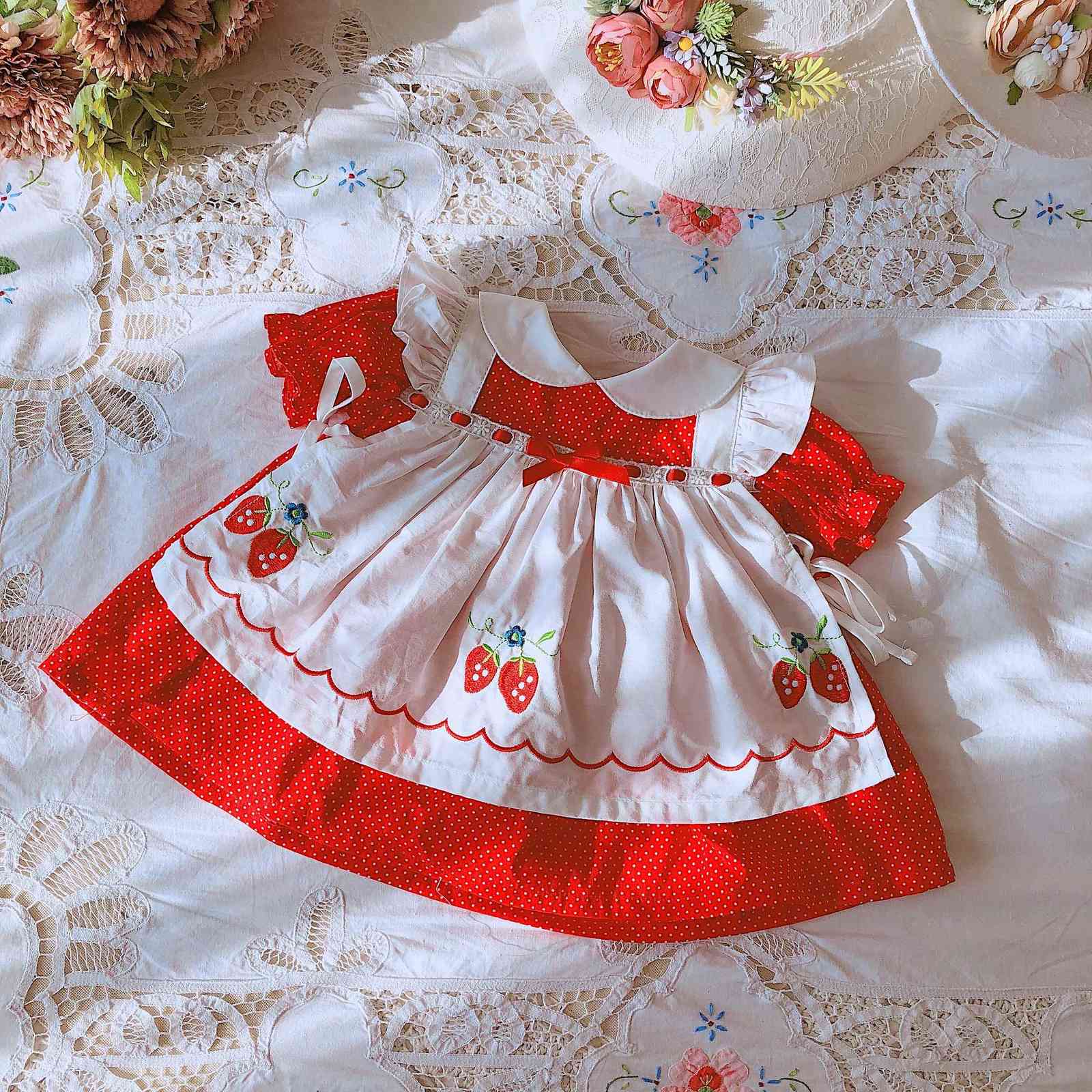 Baby Girls Summer Vintage Red Strawberry Princess Dress Casual Dress for Baby Girls 100% Cotton Q0716