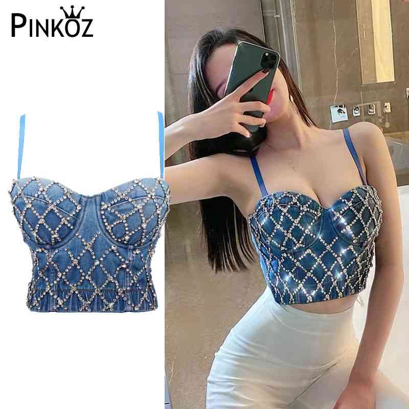 sexy bodycon crop tops crystal chains denim blue slim srapless camis women summer streetwear sweet young style 210421
