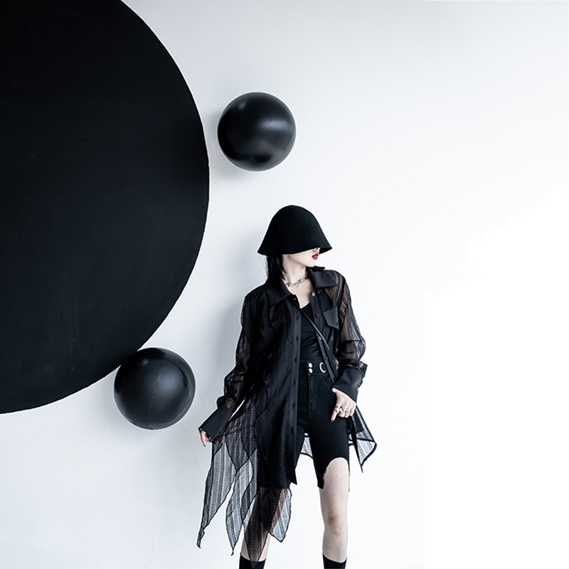 [EAM] Women Black Big Size Irregular Mesh Blouse Lapel Long Sleeve Loose Fit Shirt Fashion Spring Summer 1DD7554 210512