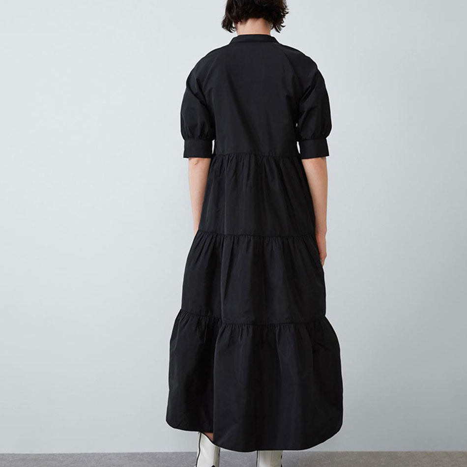 Fashion Women's Long Dress Blue O-neck Button Puff Sleeve Draped A-line Casual Holiday Party Vestidos 210524