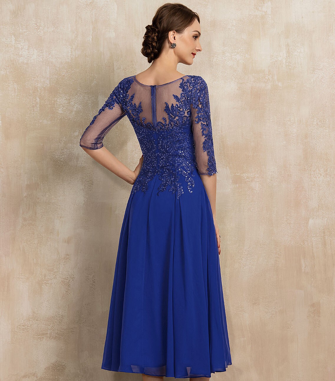 Elegant Royal Blue Tea-Length Chiffon Lace Mother of the Bride Dress Sequins A-line Bridal Party Gown Customed Robe De Soiree
