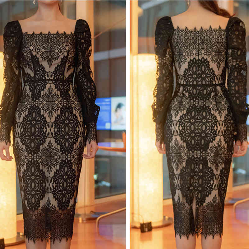 Cut Out Lace Dress Women See Through Long Sleeve Temperament Slim es Woman Party Night Fit Club 210506