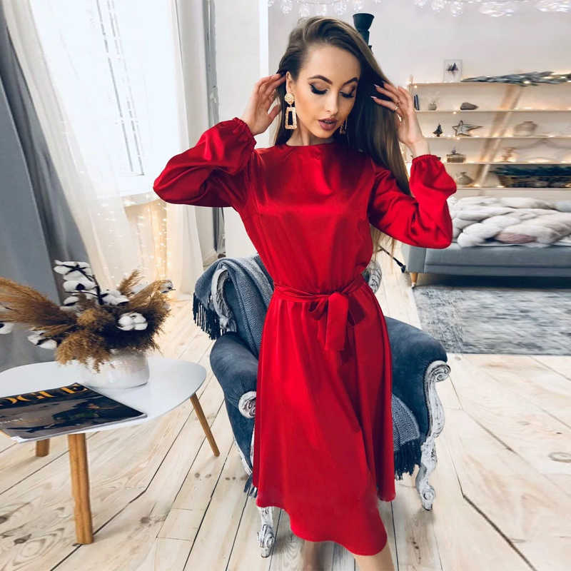 Women Solid Satin Casual Loose Dress O Neck Lantern Sleeve Sashes High Waist Elegant Mid Dress 2021 Spring New Women Party Dress Y0603, As picture
Women Solid Satin Casual Loose Dress O Neck Lantern Sleeve Sashes High Waist Elegant Mid Dress 2021 Spring New Women Party Dress Y0603, As picture