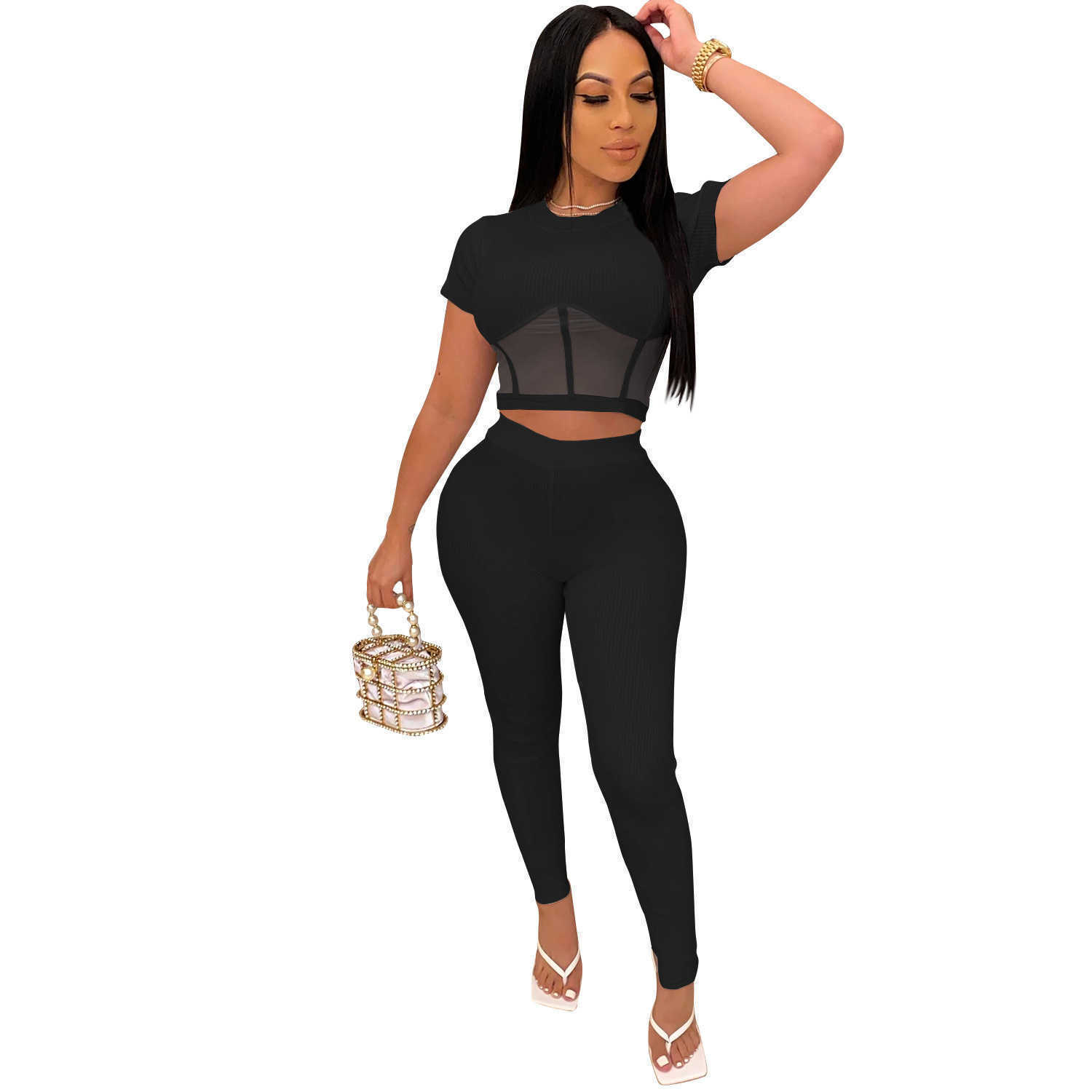 Designer New Women's Tracksuits Women Two Piece Set tracksuits Designer Mesh perspective short sleeve pencli Pants Suit Night Club Party Casual L