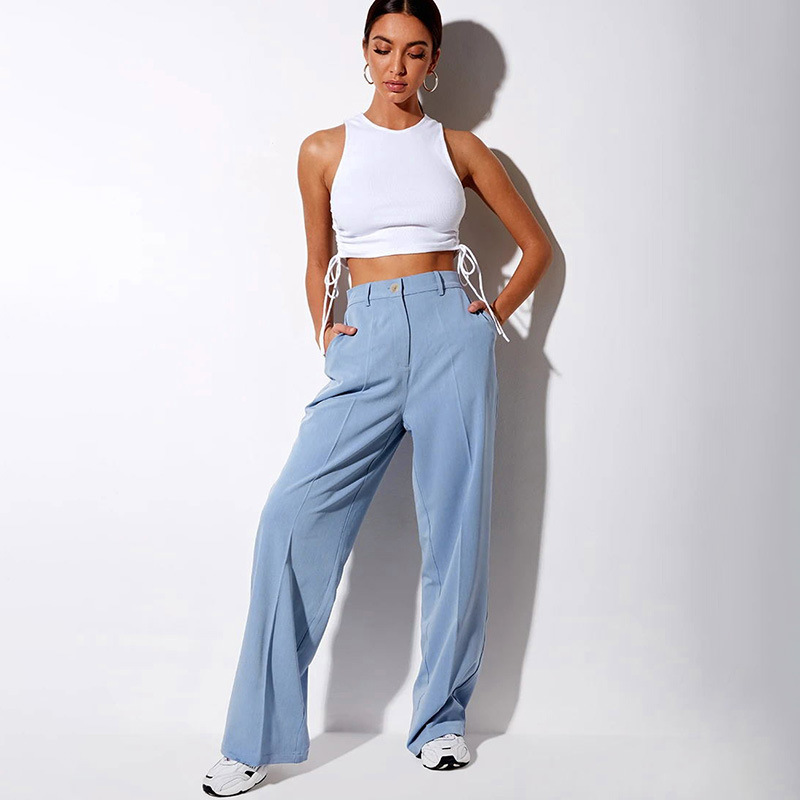 Women Pants Capris Vintage High Waist Suit All Match Casual Wide Leg Fashion Long Trousers 210513