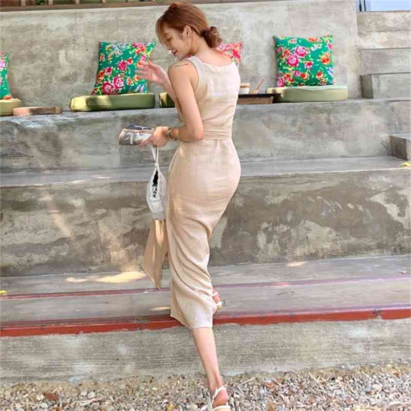 Summer Casual Women Vintage Strap O-neck Sleeveless Long Dress Bandage Green Party Beach Holiday Clothes 210506