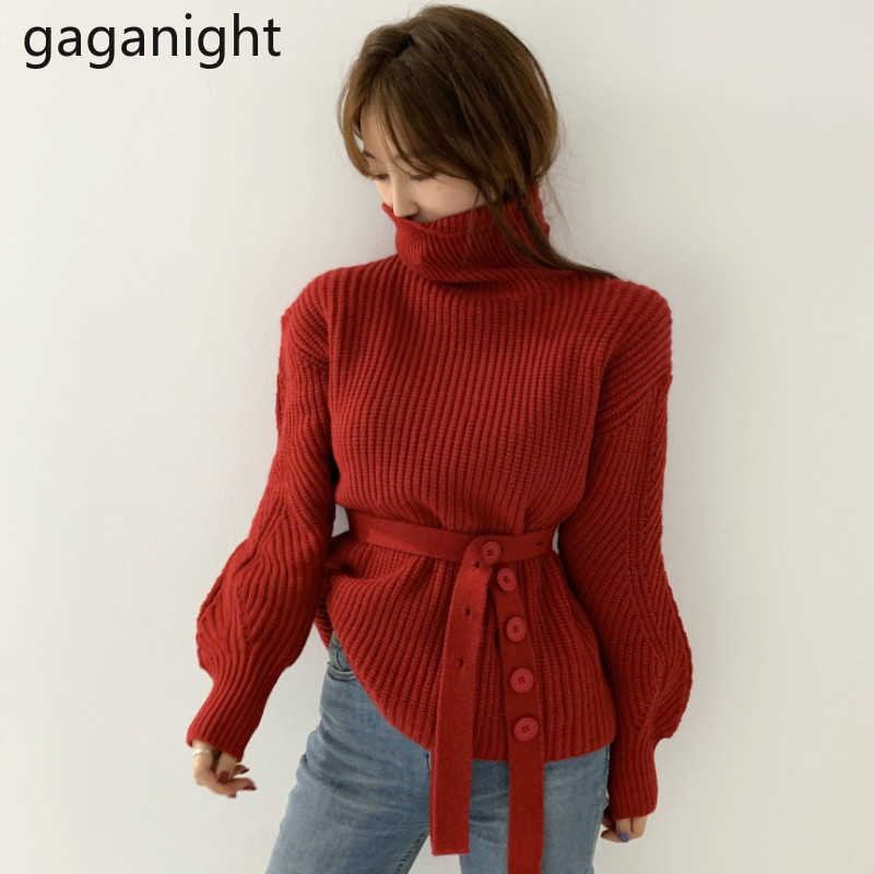 Chic Button Lace Up Women Sweater Autumn Winter Turtleneck Pullovers Korean Thick Warm Loose Sweaters Knited Tops 210601