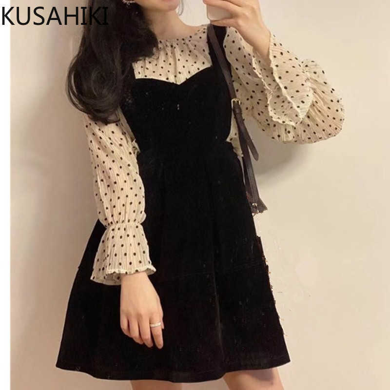 Spring Women 2Pieces Sets Dot Flare Sleeve Blouse Shirt + Slim Wiast A-line Velour Sling Dress Korean Suits 6E792 210603