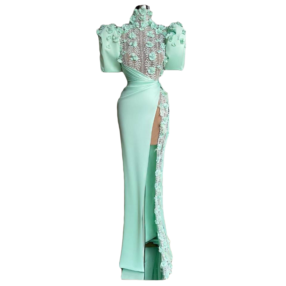 Elegant Satin Mermaid Evening Dresses 2022 High Neck Long Sleeve 3D Floral Formal Prom Party Gowns Vestidos De Novia