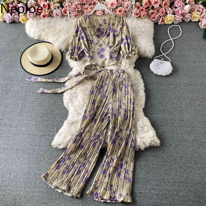 Neploe Summer Floral Suit Two Piece Outfits for Women V-neck Shirt Crop Tops Pleated Wide Leg Pnats Femme Roupas 2 Piece Set 210422